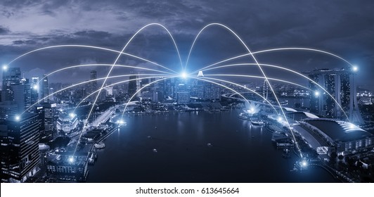 Network Business Conection System On Singapore Smart City Scape In Background.Network Business Conection Concept 