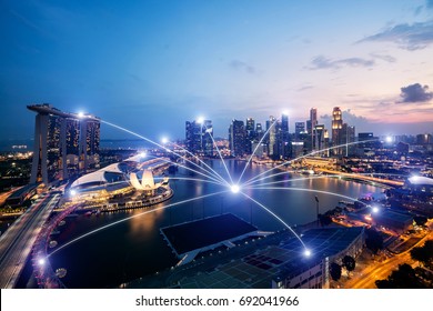 Network Business Conection System On Singapore Smart City Scape In Background.Network Business Conection Concept 