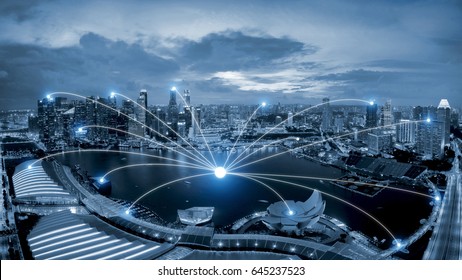 Network Business Connection System On Singapore Smart City Scape In Background.Network Business Connection Concept 