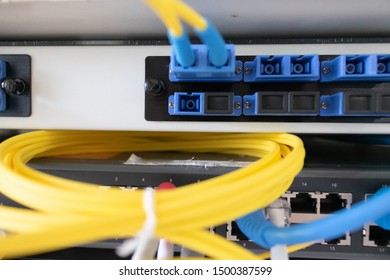 Network cable connecting on patch panel of network gigabit switch for High speed network in data server room