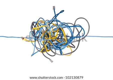 Network cable going through a tangled bunch of network cables isolated on white background
