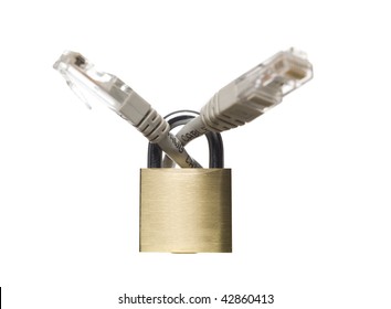 Network cable and a padlock isolated on a white background