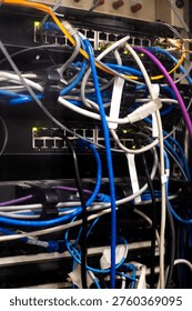 Network cable in server farm. Maintenance of complex network infrastructure in the office