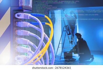 Network cables connected to switch with technicians working in background. IT infrastructure installation, system setup, and data network maintenance ensure reliable connectivity.