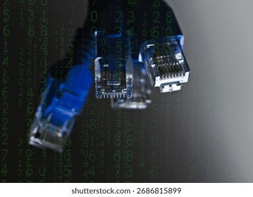 Network cables with dramatic lighting and green numbers symbolizing a cyber attack. Concept of technology, hackers, and cyber attack.