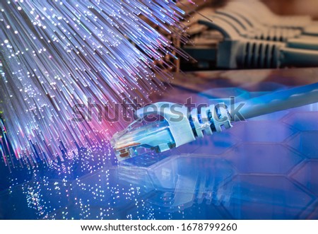network cables with fiber optical technology background,Communication Concept