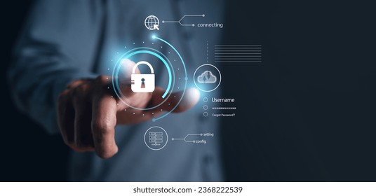 network, cloud computing, online, security, connection, system, communication, software, internet, server. close up to hand and press padlock, behind there has network security, cloud HUD show it.