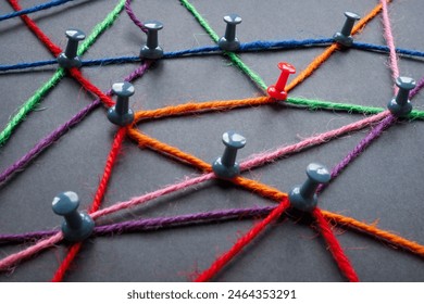 A network of colored threads connecting pins as a concept for connecting elements of a complex system.