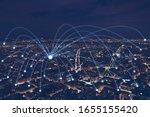 network communication or distribution concept, connection line from central point over night city