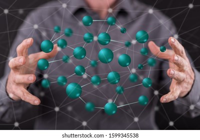 Network concept between hands of a man in background