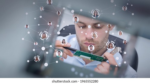 Network of connected bubbles with diverse faces, over caucasian man holding pcb board. global technology, data processing and digital interface concept digitally generated image.