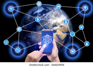Network of connected mobile devices such as smart phone, tablet, thermostat or smart home. Internet of things and mobile computing concept.