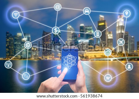 Network of connected mobile devices such as smart phone, tablet, thermostat or smart home. Internet of things and mobile computing concept. 