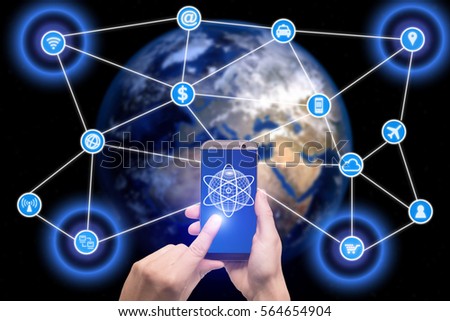 Network of connected mobile devices such as smart phone, tablet, thermostat or smart home. Internet of things and mobile computing concept. 