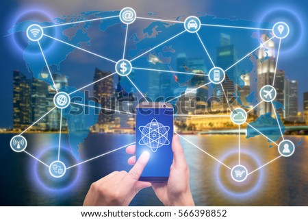 Network of connected mobile devices such as smart phone, tablet, thermostat or smart home. Internet of things and mobile computing concept. 