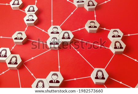 Network of connected people. Communicate interactions between working groups. Company networking communication. Partnerships, business relations development. Decentralized hierarchical system.