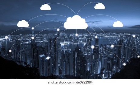 Network connection and cloud storage technology concept on modern and smart city blue tone cityscape, data communications and cloud computing network concept.