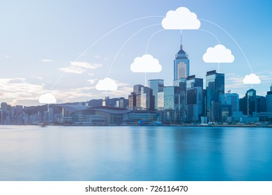 Network connection and cloud storage technology concept on modern and smart city blue tone cityscape, data communications and cloud computing network concept.