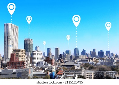 Network connection concept. Aerial view of Tokyo with red location pin. Global positioning system pin map. Map pins with Tokyo city, Japan