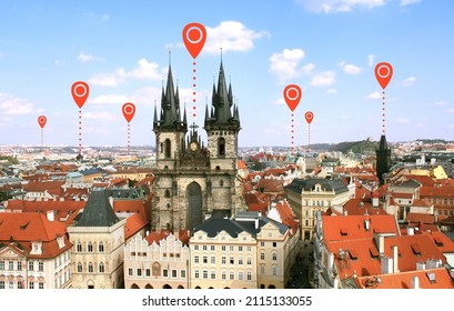 Network Connection Concept. Aerial View On Old Town Square, Tyn Church, Prague And Red Location Pins. Global Positioning System Pin Map. Map Pins With Prague, Czech Republic