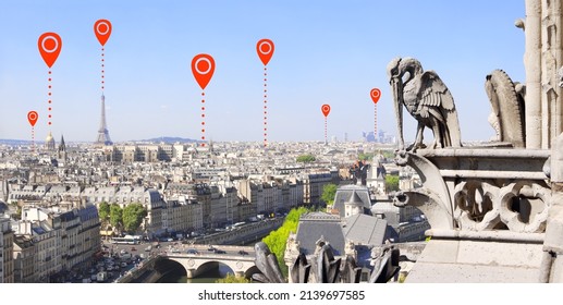 Network connection concept. Aerial view of Paris (from Notre Dame de Paris) and red location pins. Global positioning system pin map. Map pins and main landmarks of Paris, capital of France