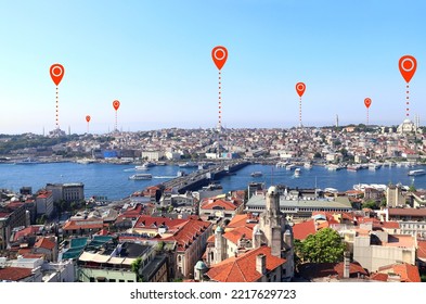 Network connection concept. Aerial view on  Istanbul with red location pin. Global positioning system pin map. Map pins with top view on Istanbul, Suleymaniye Mosque and Bosphorus, Turkey  - Shutterstock ID 2217629723