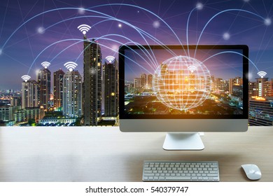network connection concept Blank screen of computer and City