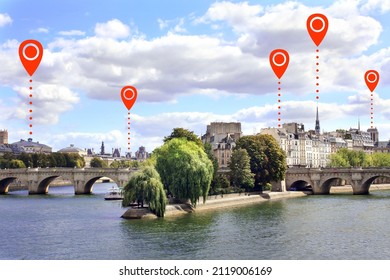 Network connection concept. View on Medieval bridge and buildings on waterfront of Seine river, Paris and red location pins. Global positioning system pin map. Map pins and Paris, capital of France