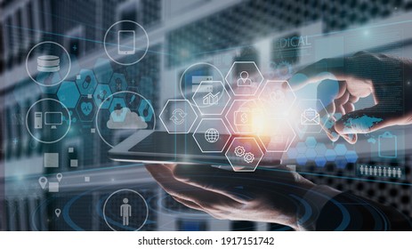 Network connection illustration and human hands with digital tablet - Shutterstock ID 1917151742