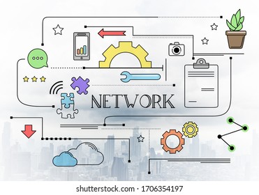 Network connection linear sketch on background of modern cityscape. Strategy planning and analysis. Mind map of internet network engineering and development. Marketing and presentation template - Shutterstock ID 1706354197