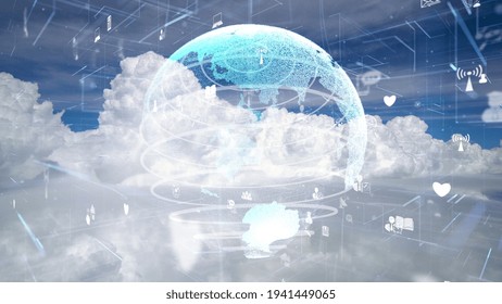 Network of connection modernization over clouds in the sky showing concept of digital network of global connections and international business networking .