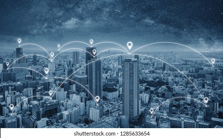 Network Connection Technology In The City, Blue Cityspace With Network Links And Location Signs