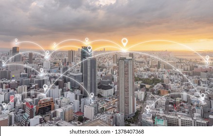 Network connection technology in the city. Map pin GPS navigation technology in the city at sunset	