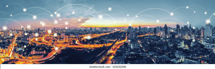 Network And Connection Technology Concept With Bangkok Expressway Top View In Panorama At Sunrise, Thailand.