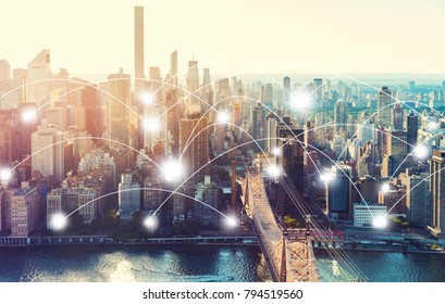 Network and connection technology concept with the New York City skyline near Midtown