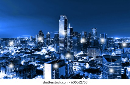 Network And Connection Technology Concept Of Skyscrapers, City Of Dallas At Night, Texas, USA