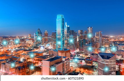 Network And Connection Technology Concept Of Skyscrapers, City Of Dallas, Texas, USA