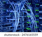 Network connection technology with network switch router, ethernet cables and status LED to show working status of data center equipment in mobile telecommunications 5G central node