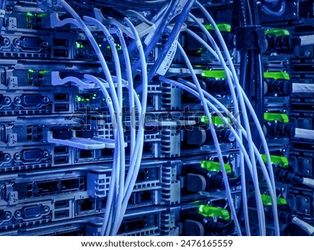 Network connection technology with network switch router, ethernet cables and status LED to show working status of data center equipment in mobile telecommunications 5G central node