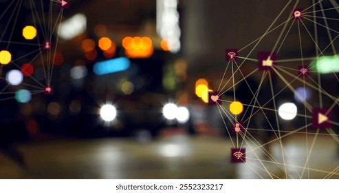 Network of connections and data processing image over blurred city street at night. Technology, digital, communication, cityscape, urban, futuristic - Powered by Shutterstock