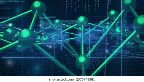 Network of connections and data processing image over binary coding background. Technology, digital, cybersecurity, internet, futuristic, computer