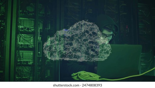 Network of connections forming a cloud icon against asian male hacker using laptop in server room. cyber attack and cloud storage technology concept