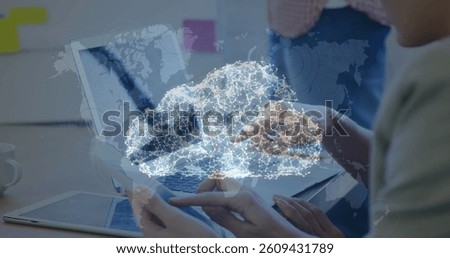 Network of connections forming a cloud over world map against woman using smartphone. global networking and cloud storage technology concept