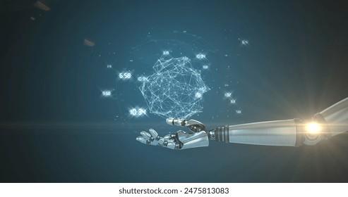 Network of connections over robotic hand against spot of light and copy space on blue background. global networking and futuristic technology concept - Powered by Shutterstock