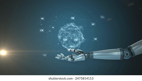 Network of connections over robotic hand against spot of light and copy space on blue background. global networking and futuristic technology concept - Powered by Shutterstock