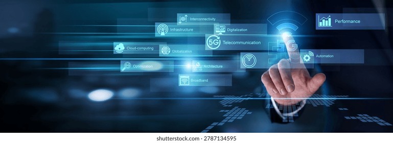 Network connectivity. Engineer hand touch virtual 5G Technology icon and concept words of high speed data, cloud computing and smart city network. Future wireless communication networks.