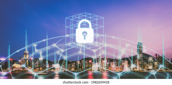 Network cyber security technology concept with graphic secure lock icon and global network line in Hong Kong city background at night panorama view