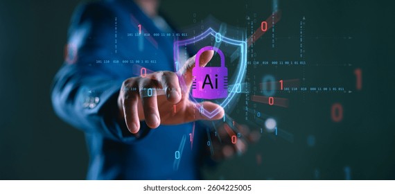 Network cybersecurity and privacy using artificial intelligence to safeguard data. Cybersecurity by AI technology, businessman to protect data management and information to cyberattacks on internet.