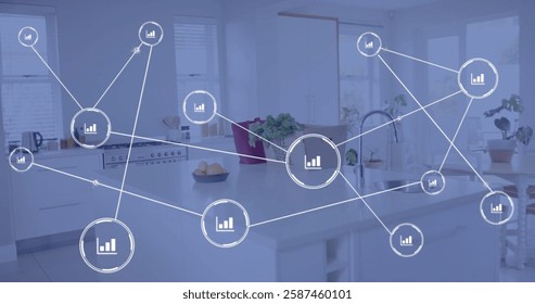 Network of data connections image over modern kitchen with groceries on counter. Technology, smart home, digital, connectivity, internet, innovation