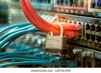 network and data protection concept with padlock and switch cable